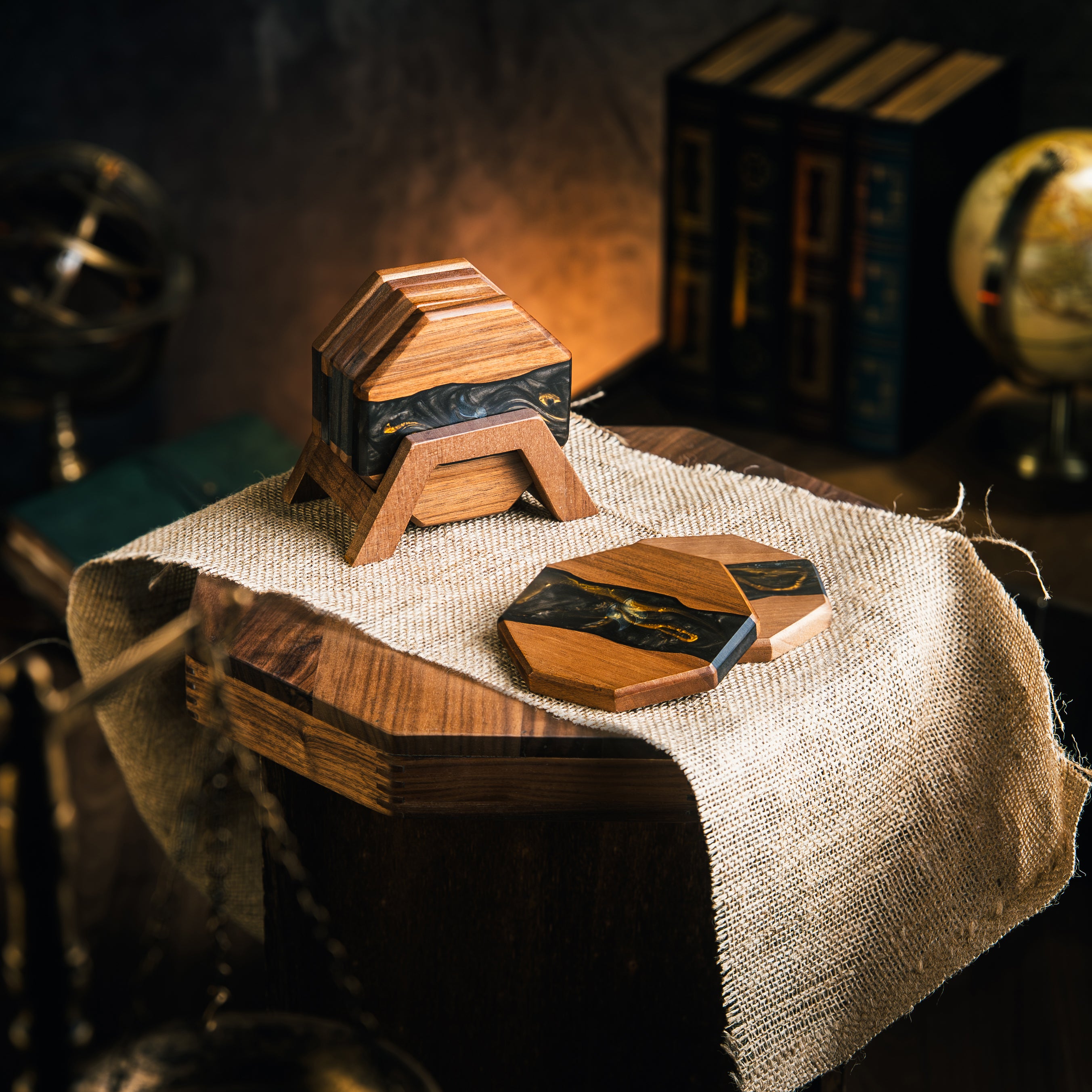 Smoky Walnut & Resin Coaster Set